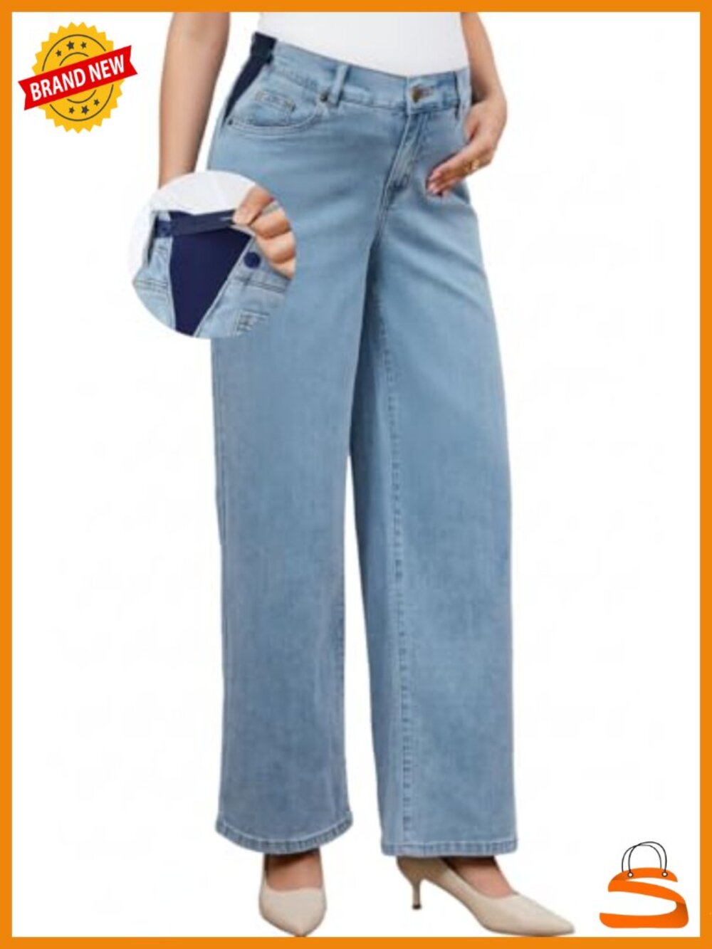 Cotton Blend Stretchy Maternity Jeans Adjustable Waistband Wide Leg Work Pants